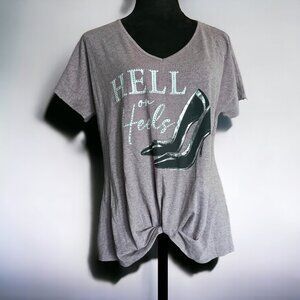 NWT DELUSIONAL "HELL ON HEELS" Graphic Mauve Bling Waist Twist T-Shirt Size MED